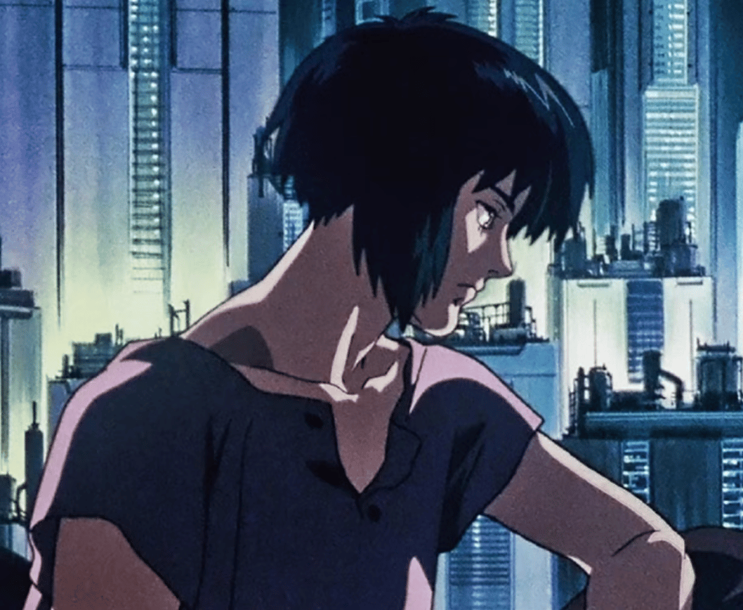 Major Motoko Kusanagi looking out over the city in Ghost in the Shell (1995)
